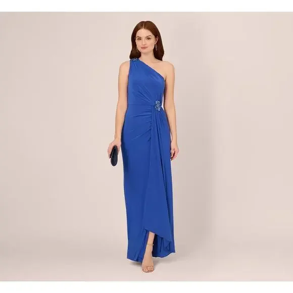 ADRIANNA PAPELL Draped One-Shoulder Jersey Blue Gown 6 NWT - Picture 4 of 10